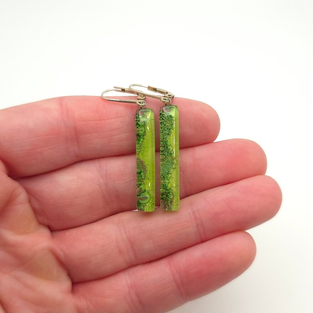 925 Sterling Silver Long Cute Green Glass Earrings